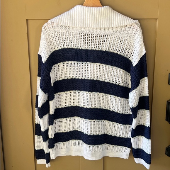 Talbots Like New SzL Petite Open Stitch Sailor Collar Sweater Blue White Stripe - Picture 8 of 10